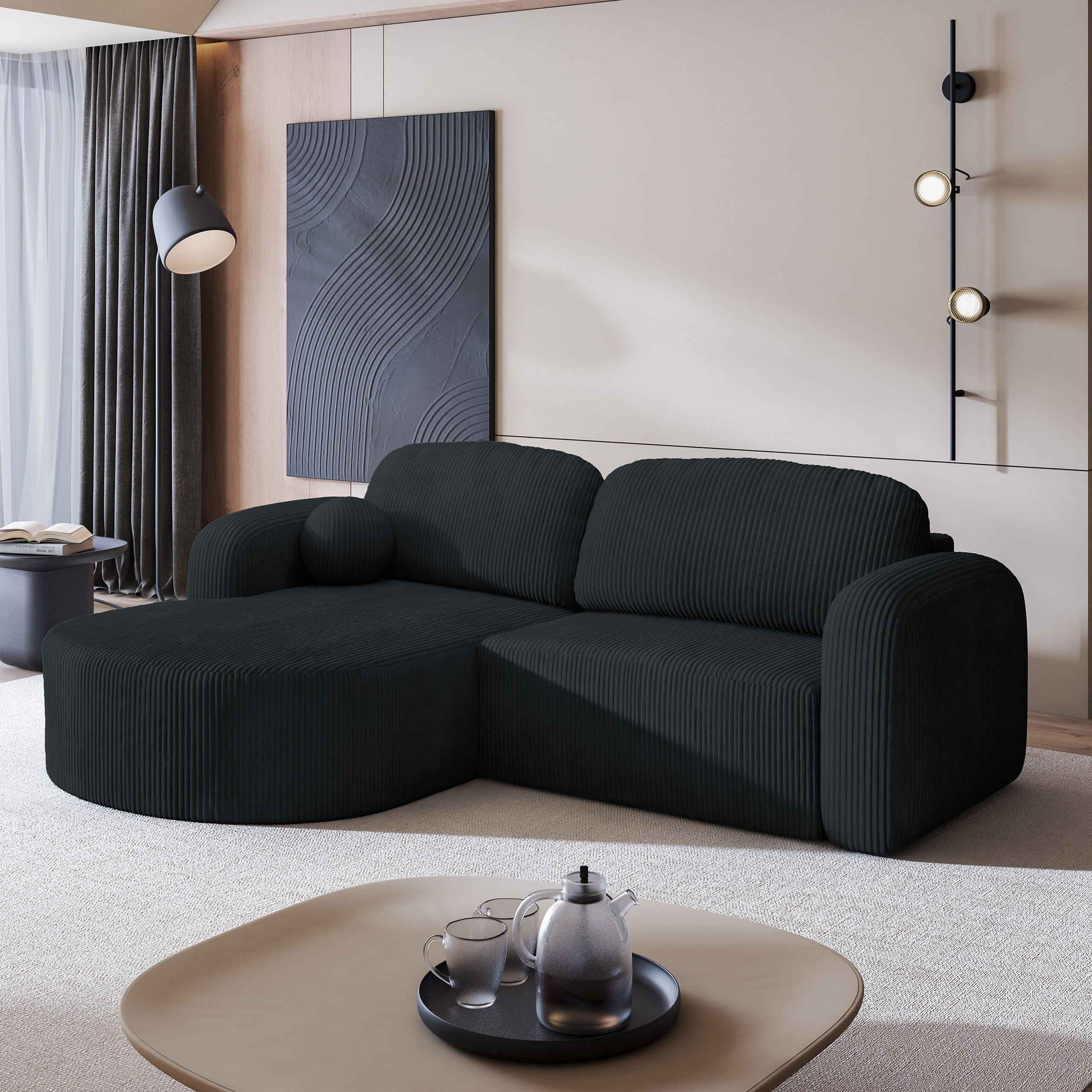 ECKSOFA AMILIA P L-S Schwarz Kordstoff mit Schlaffunktion - Schwarz, Holz (263/174cm) - MASSENO