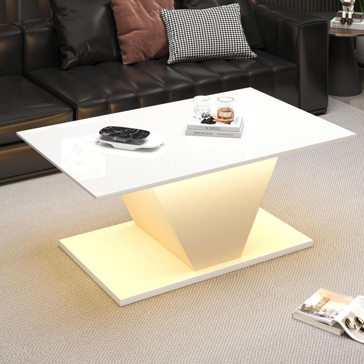 KLUBSKA miza, 100/50/46 cm bela, z LED-osvetlitvijo in sijočo ploščo - bela, leseni material (100/50/46cm) - BEAOK