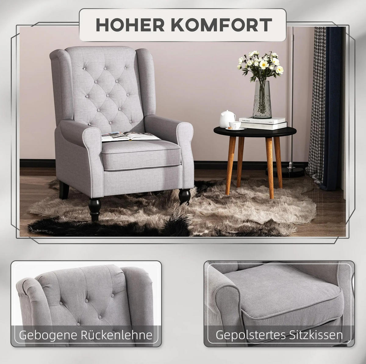 KŘESLO 86/74/102 cm s vysokým opěradlem a knoflíkovým prošíváním, polyester, Šedá - šedá, textil (86/102/74cm) - Redom