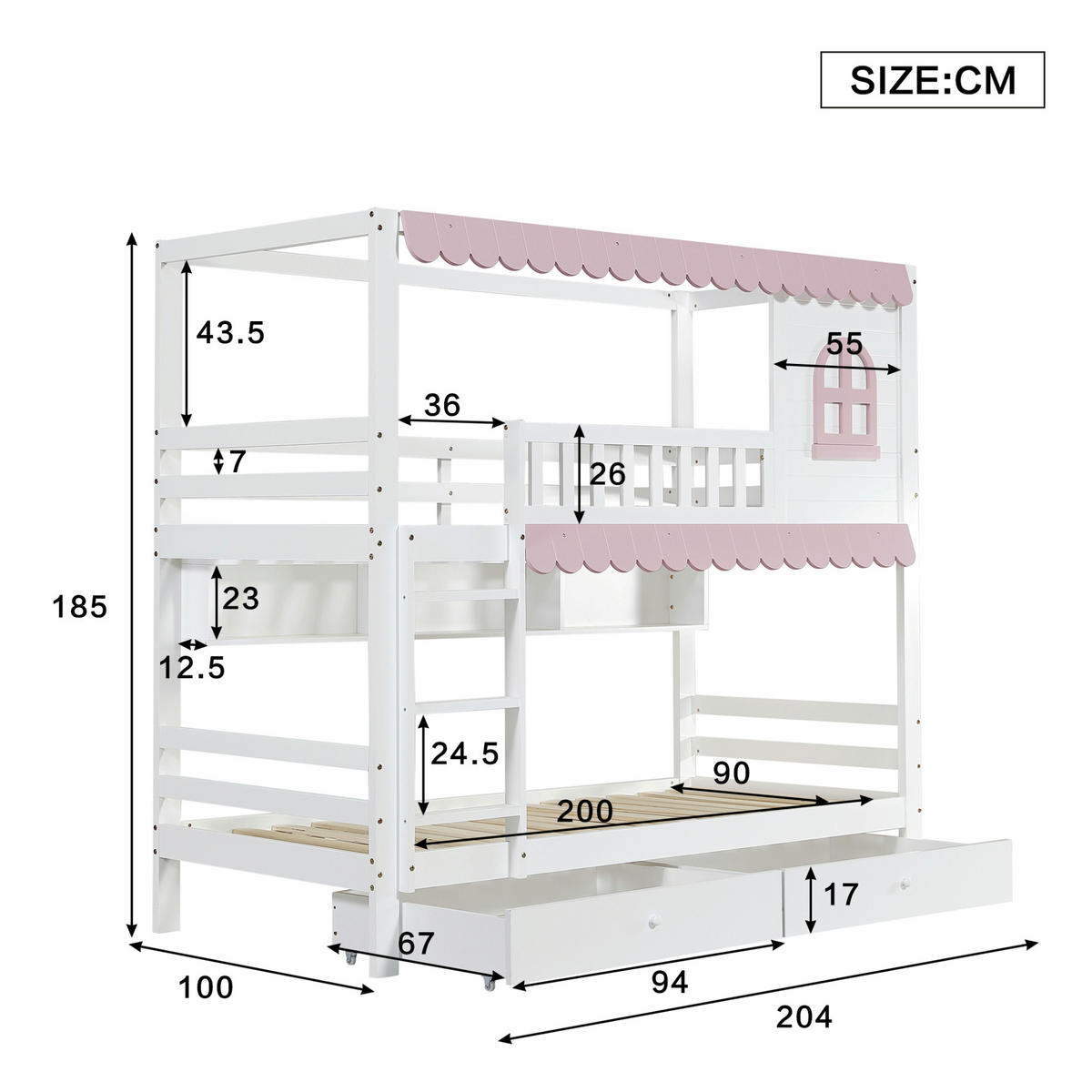 POSCHODOVÁ posteľ 204/100/185 cm biela/ružová s policami, zásuvkami a závesmi z borovicového masívu a MDF - biela, kompozitné drevo (90/200cm) - OKWISH