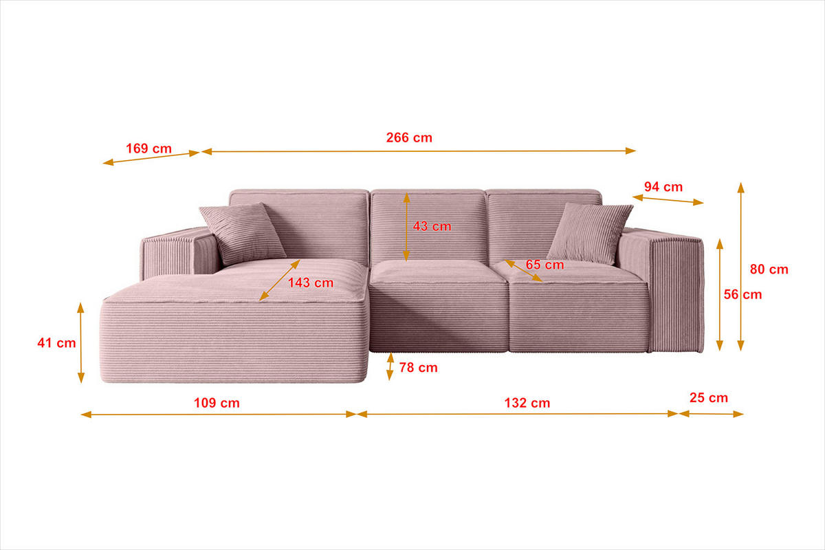 ECKSOFA Ottomane Rechts SERRA-L - 266x169x80 cm Hellbraun Velours - Hellbraun/Schwarz, Holzwerkstoff/Kunststoff (266/169cm) - ALTDECOR