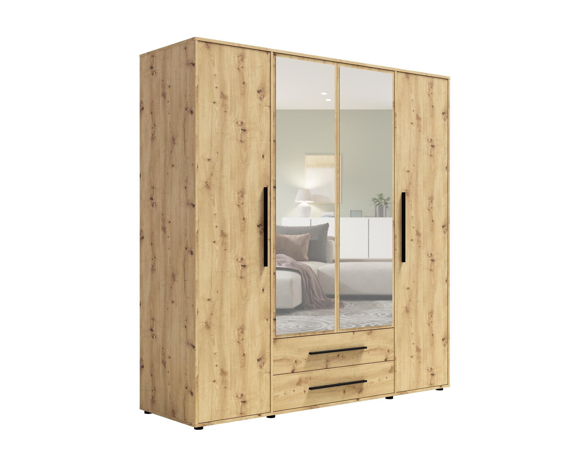 KLEIDERSCHRANK Maxivo Artisan Eiche, viertüriger Kippschrank mit Schubladen und Spiegel, Erweiterung - Schwarz/Eiche Artisan, Holzwerkstoff (198/248/59cm) - Bettso