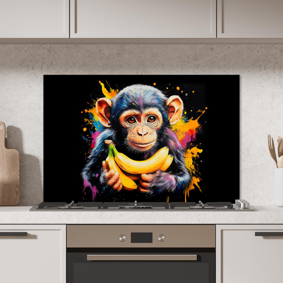 SPRITZSCHUTZ KÜCHE Affe - Graffiti - Farbenfroh - Bananen - Modern 80x55 cm - Gelb, Metall (80/0.3/55cm) - MuchoWow