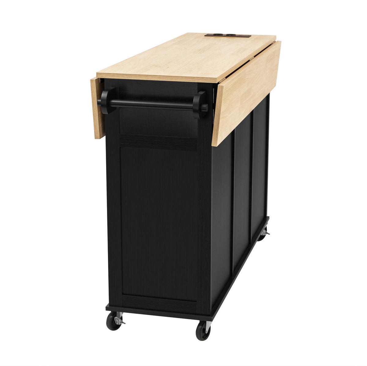KÜCHENINSEL 120/40-60-80/92 cm mit klappbarer Tischplatte, Steckdosenleiste und Rollen aus MDF, Schwarz/Natur - Schwarz, Holzwerkstoff (120/92/80cm) - Redom