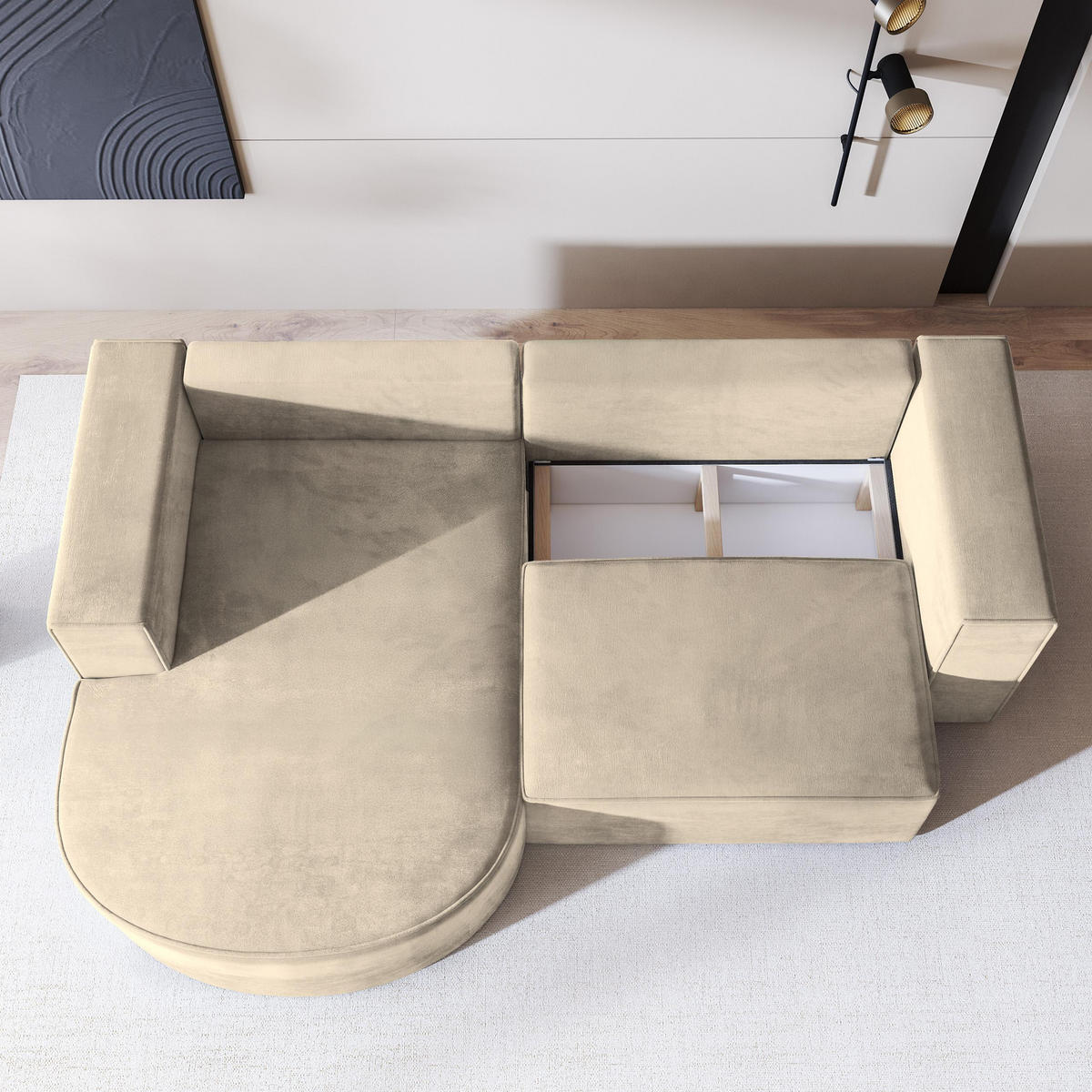 ECKSOFA SORELA M L-S Creme Velours-Stoff mit Schlaffunktion - Creme, Holz (263/174cm) - MASSENO