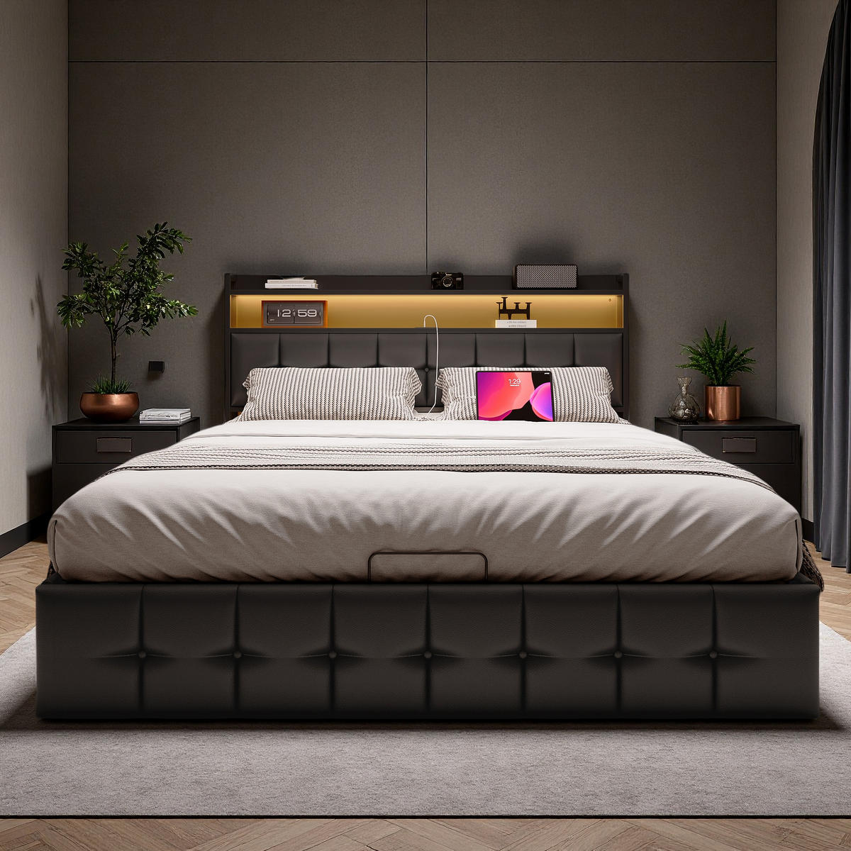 POLSTERBETT 140x190 SCHWARZ LED - Schwarz, Holzwerkstoff (140/200cm) - SHOPENTRA