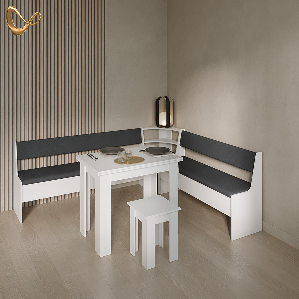 ECKBANKGRUPPE Tiberio Weiß 210 x 180 cm mit Tisch - Weiß, Holzwerkstoff (210/80/180cm) - Livinity®