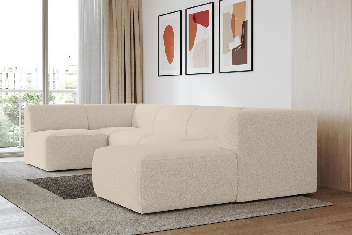 WOHNLANDSCHAFT Ottomane Rechts MOVA 345x180x78 Dunkelbeige Bouclé - Schwarz/Cappuccino, Holzwerkstoff/Kunststoff (345/78/180cm) - ALTDECOR