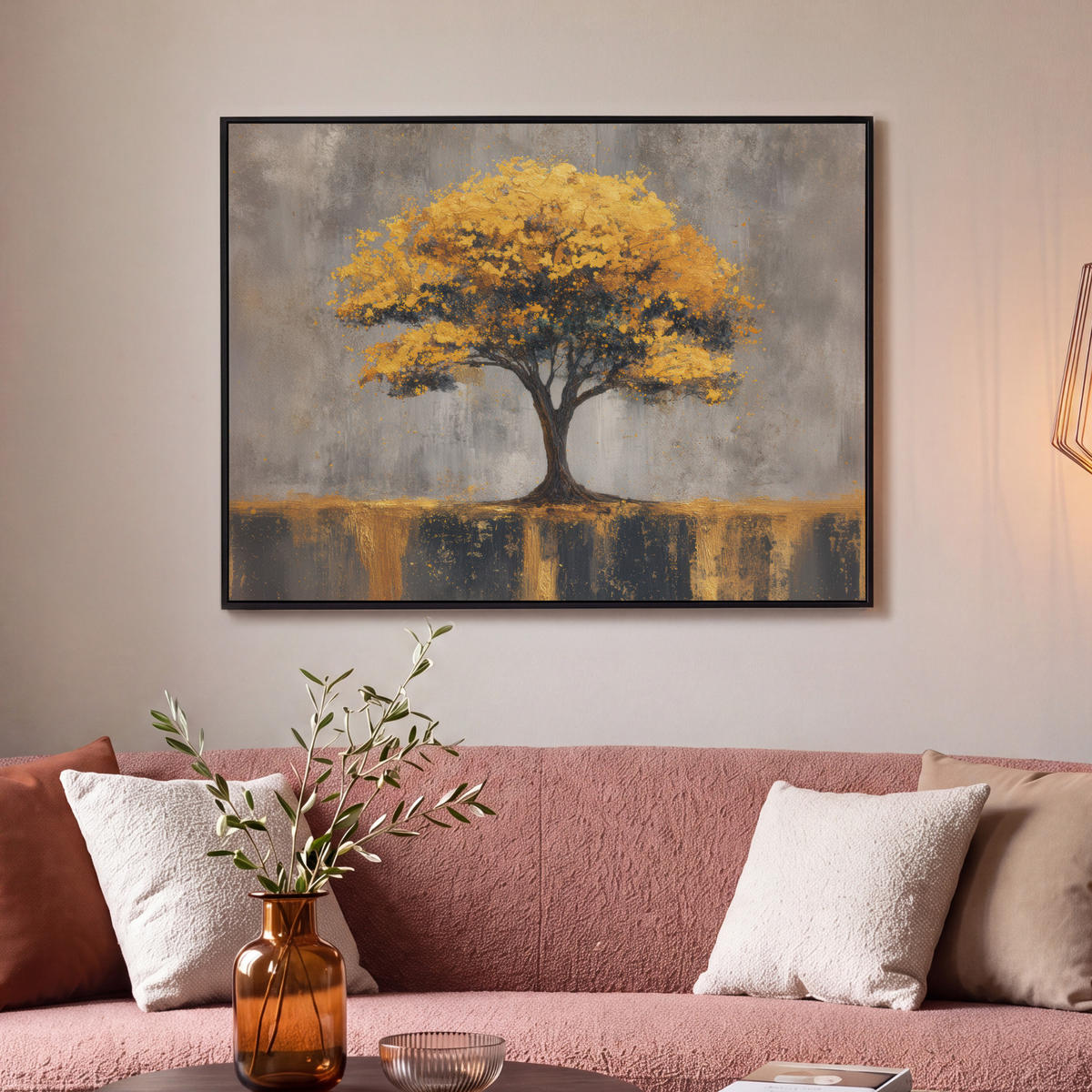 LEINWAND Bilder mit Rahmen - Baum - Blätter - Gold - Abstrakt - 100x70 - Grau, Textil (100/70cm) - MuchoWow