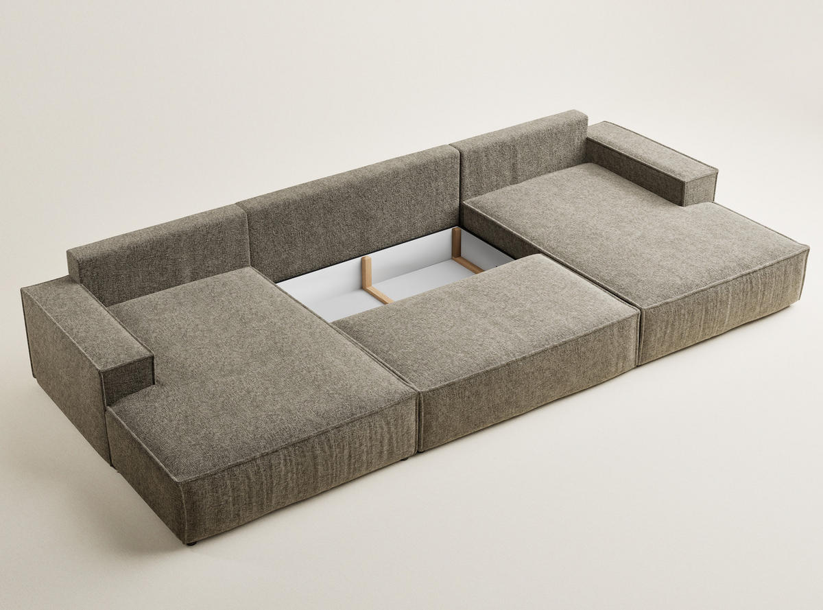 WOHNLANDSCHAFT Kyoto Taupe Chenille-Stoff - Taupe/Schwarz, Holz/Holzwerkstoff (398/70/148cm) - Maison de Reve