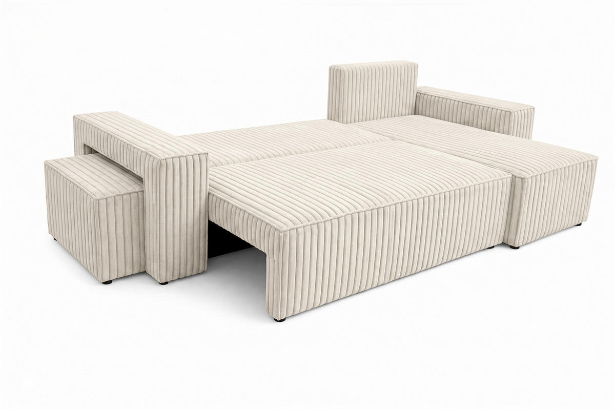 ECKSOFA Mit Schlaffunktion Und Pouf, Cordstoff Tilia, Ecru, Rechts, Best L Mit Pouf - Ecru, Holz (244/145cm) - Kaiser Möbel
