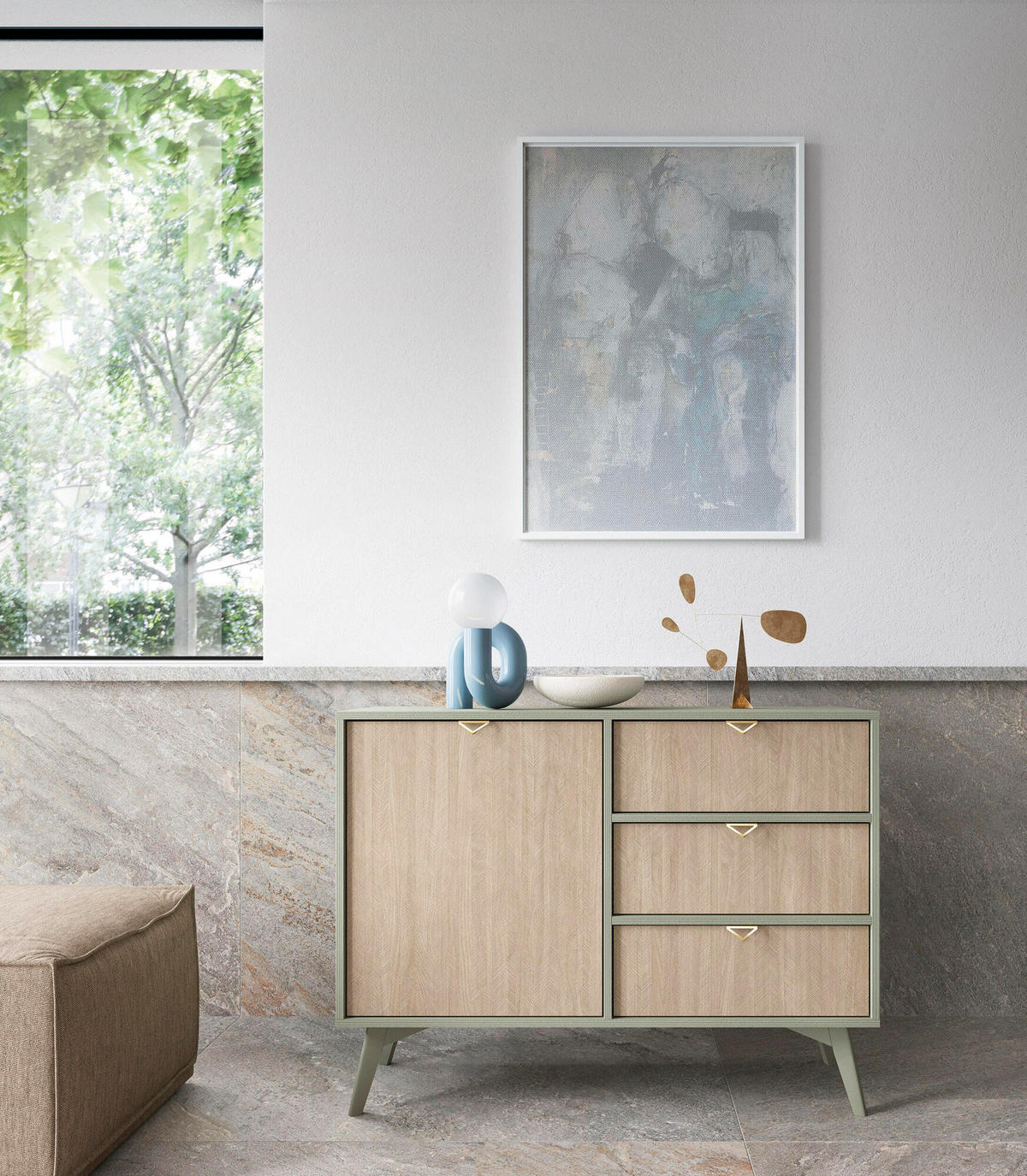 SIDEBOARD FOREST Beige, Grün 106x38x80 cm - Beige/Grün, Holzwerkstoff (106/80/38cm) - FURNLUX