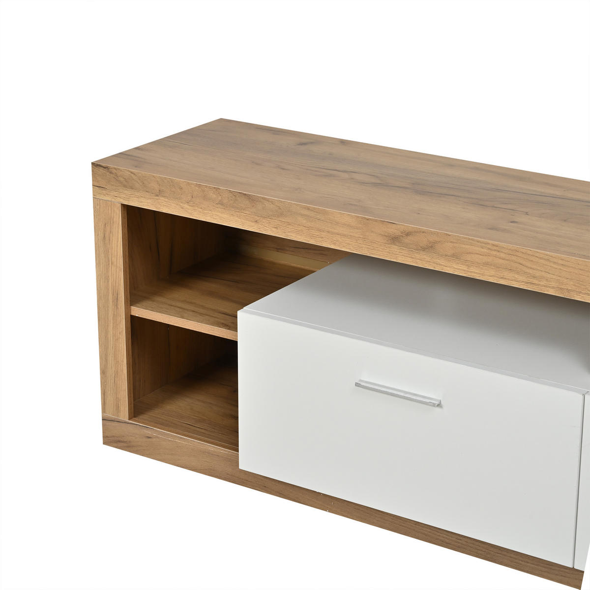 LOWBOARD in Naturfarben und Weiß mit LED und 2 Schubladen für Wohnzimmer, B180/T35.5/H50 cm - Naturfarben, Holzwerkstoff (180/50/35.5cm) - STILVORA