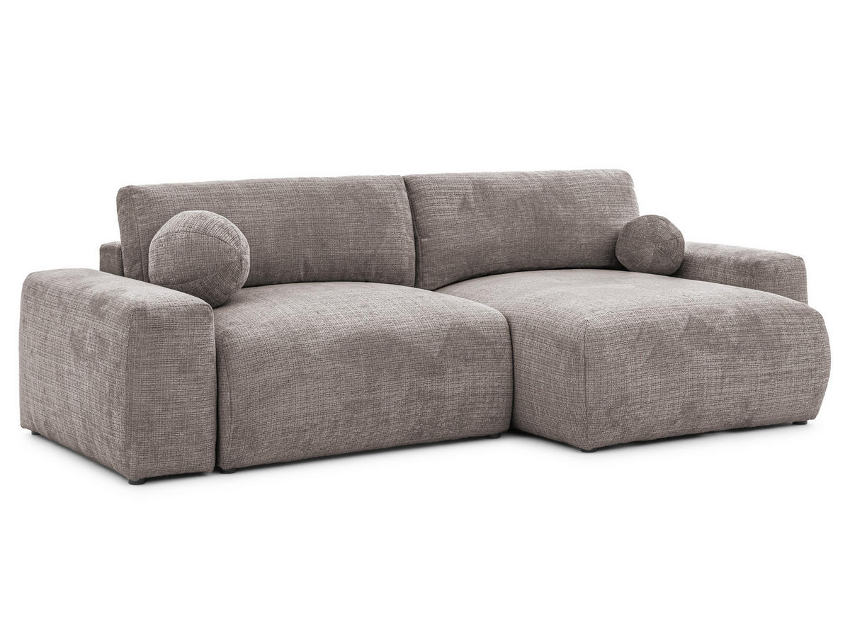 ECKSOFA Puffy mit Schlaffunktion und Bettkasten - besonders weich und puffig aus Taupe Chenille-Stoff - Ottomane rechts - Taupe/Schwarz, Holz/Kunststoff (266/138cm) - S-Style Möbel