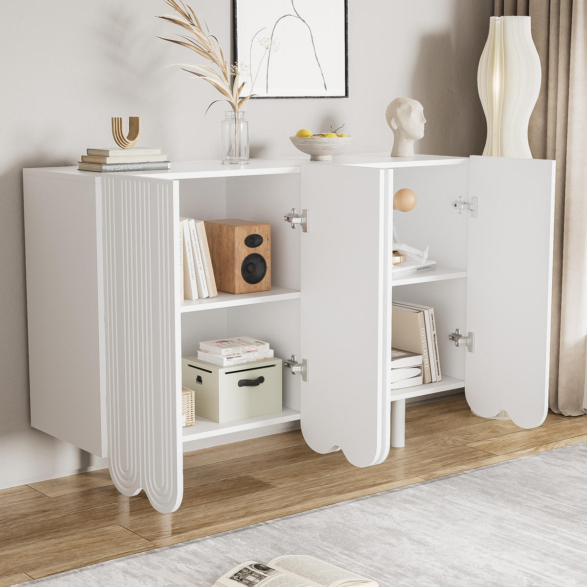 SIDEBOARD 120/37,5/80,8 cm mit 4 Türen in Weiß mit geschnitzter Front - Weiß, Holzwerkstoff (120/80.8/37.5cm) - BEAOK