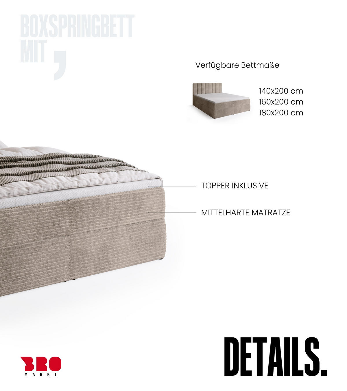 BOXBETT DENVER mit Topper 140x200 Beige - Beige, Textil (140/200cm) - Bromarkt