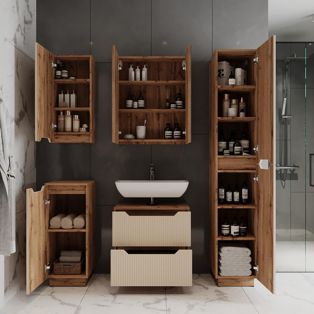 BADSCHRANK Lotta Eiche/Kaschmir gestreift 33 x 186 cm mit 2 Türen - Kaschmir/Eichefarben, Holzwerkstoff (33/186/35cm) - Vicco