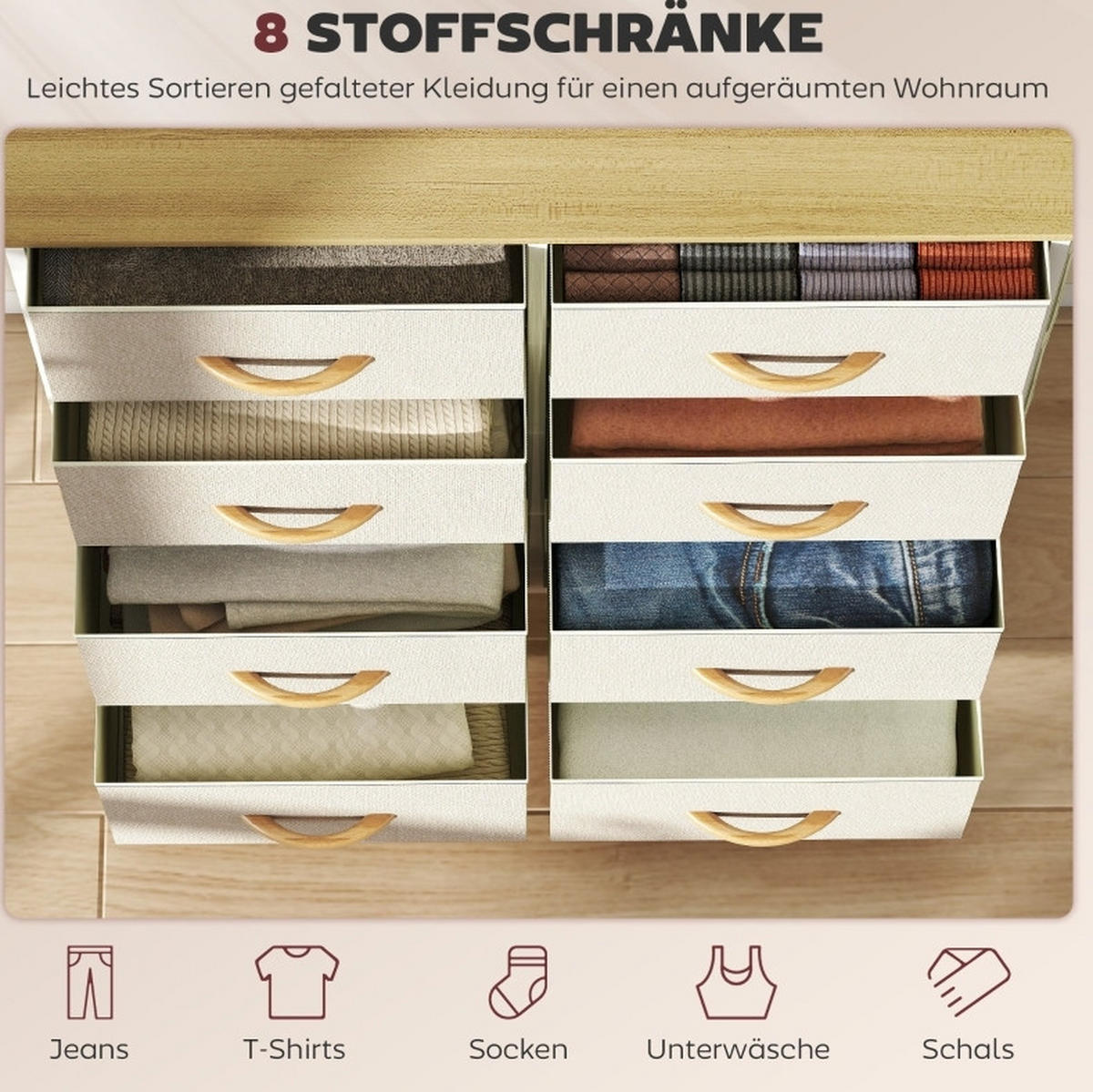 KOMODA z 8 tekstilnimi predali, stranskimi žepi in kljukama, bež, 86 cm - bež, kovina (30/94.5/86cm) - OKMYHOME
