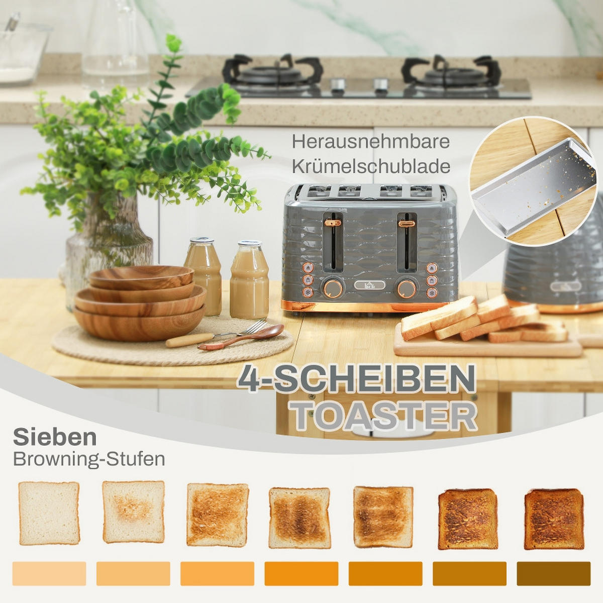 WASSERKOCHER-TOASTER Set 4 Scheiben 1,7L Grau 3000W - Grau, Kunststoff (19.5/23.2/24.1cm) - Rolipo