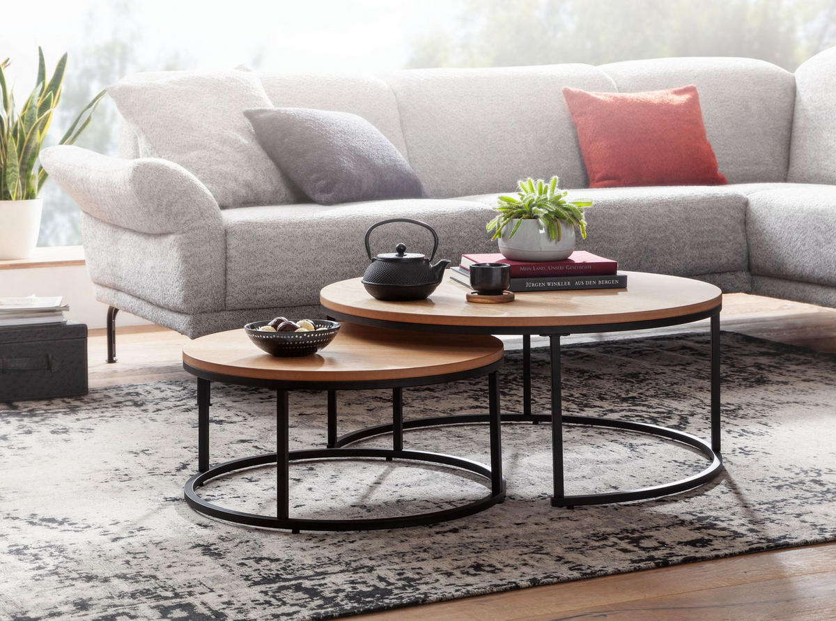 COUCHTISCH 2er Set Marmoroptik Metall Eichenholz Ineinanderschiebbar, Beige 80x80x36 cm - Beige/Schwarz, Holz/Metall (80/80/36cm) - KADIMA DESIGN