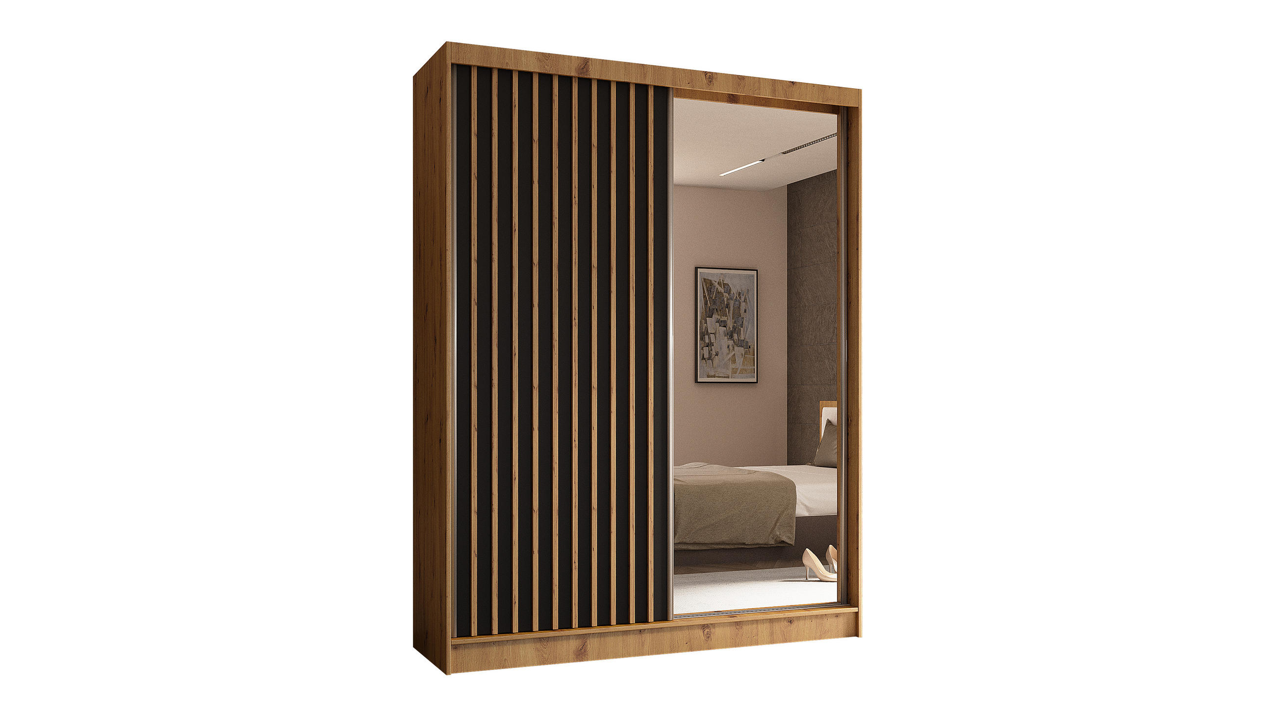 KLEIDERSCHRANK mit Spiegel-Schiebetüren und Aluminium-Leisten - LAMELO - 160 cm Artisan+Schwarz+Artisan - Braun, Holzwerkstoff (160/216/61cm) - ALTDECOR