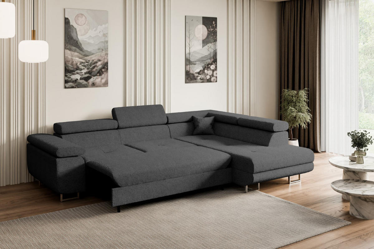ECKSOFA mit Schlaffunktion und Bettkasten GUSA-L 272x202x107 cm Grau Bouclé - Silberfarben/Grau, Holzwerkstoff/Textil (272/202cm) - ALTDECOR