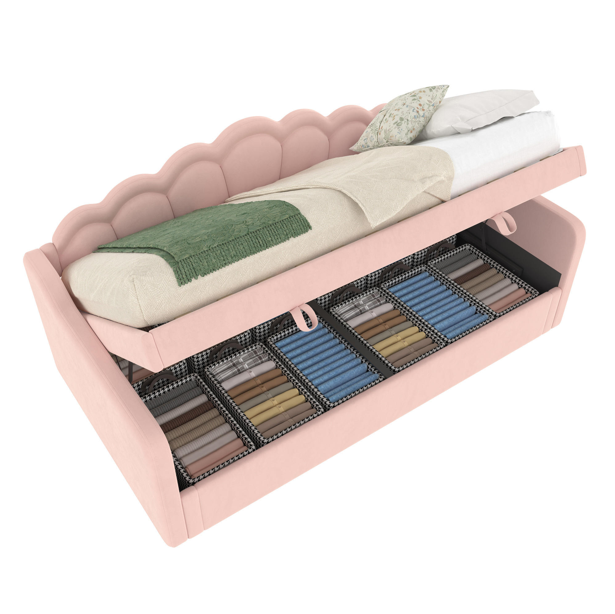 BETT mit Bettkasten 90/200 cm in Rosa – Samtbezug mit LED und Kopfteil - Rosa, Textil (90/200cm) - BEAOK