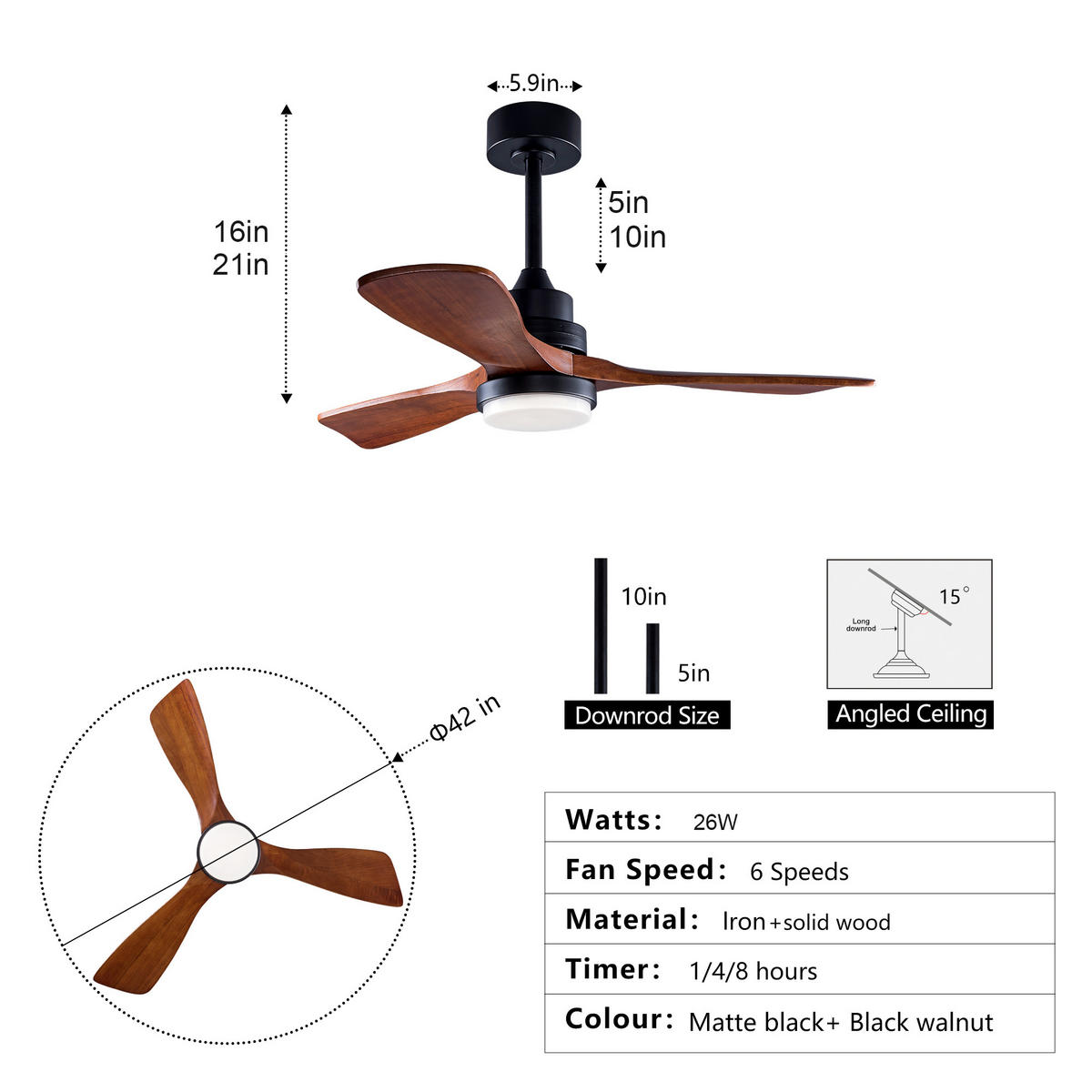 DECKENVENTILATOR DE-16240 42 Zoll mit Fernbedienung & reversibel - Walnussfarben, Holz/Metall (107/107/45cm) - ComfortXL