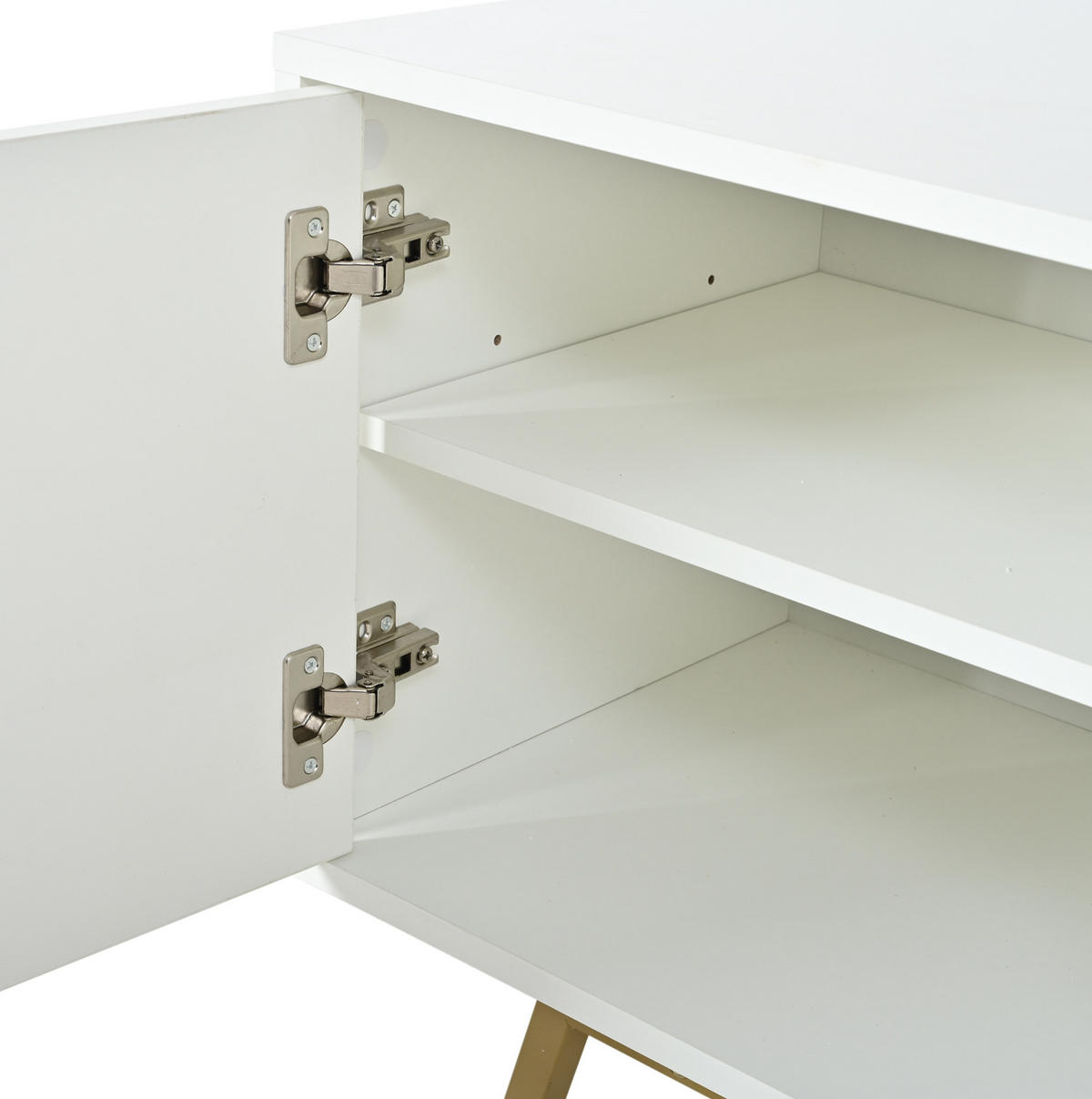 TV STOLEK bílý se 4 dvířky a 5 kovovými nohami, do obývacího pokoje, pro TV do 85", 190 × 40 × 51,5 cm - bílá/zlatá, kov/kompozitní dřevo (190/51.5/40cm) - STILVORA