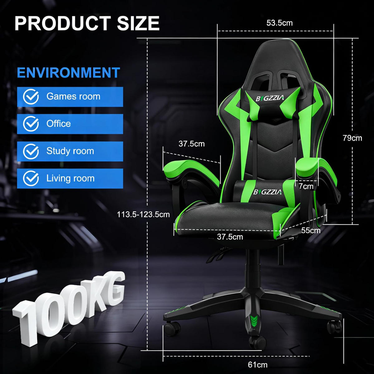 GAMINGSTUHL Schwarz-Grün mit Bluetooth Lautsprechern ergonomisch höhenverstellbar - Grün, Metall (66/124/58cm) - Rattrix