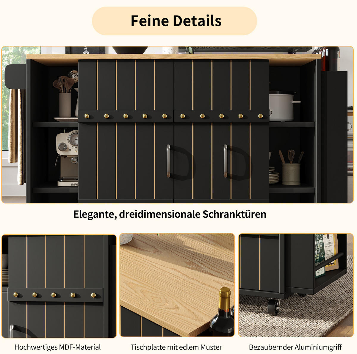 KÜCHENWAGEN 110x42x90cm aus MDF mit Klappplatte,3 Schubladen & 4 Rollen - Schwarz, Holzwerkstoff (110/90/42cm) - Modfu