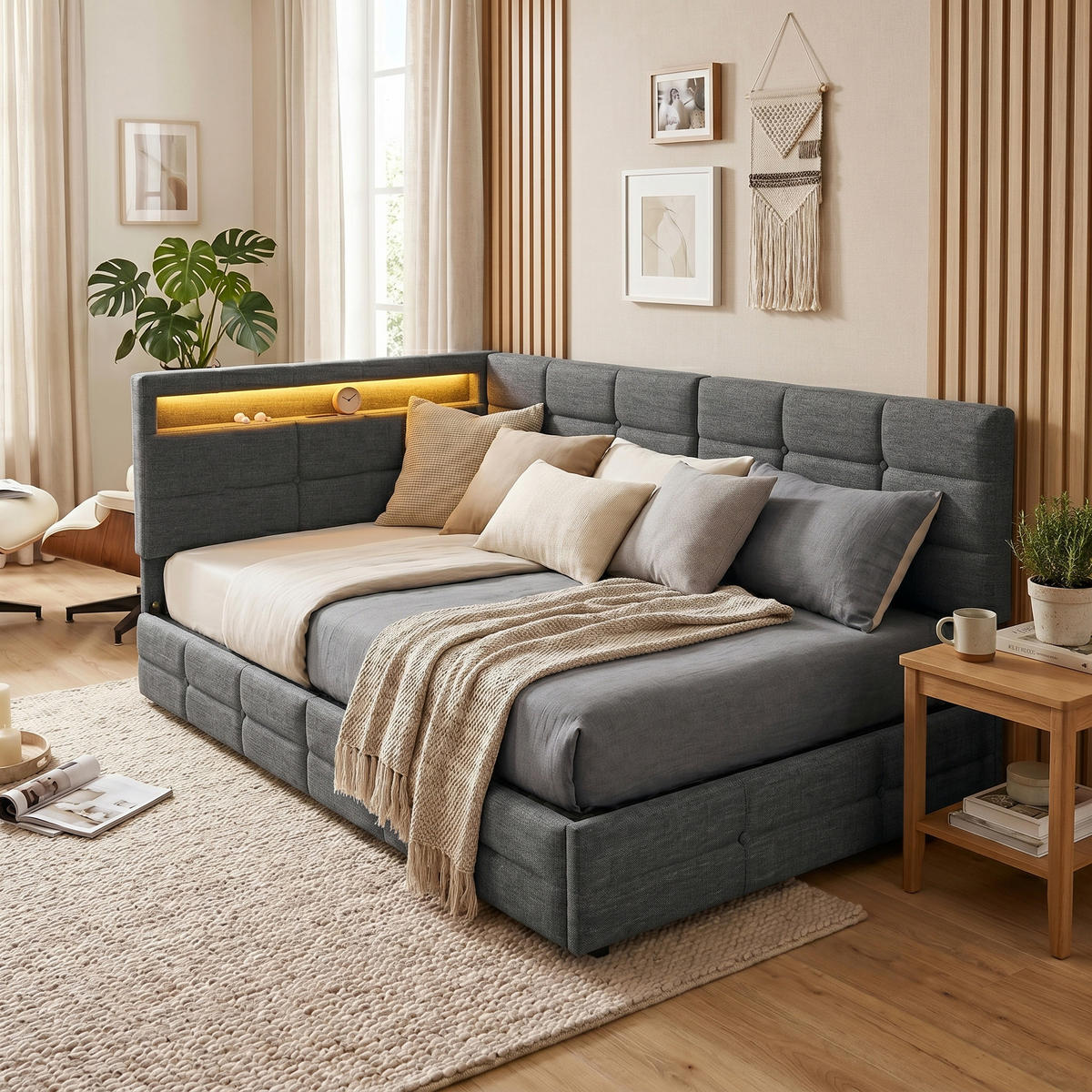 POLSTERBETT Reversibel 90/200 cm mit 2 Schubladen & RGB-LED Leinenoptik Grau - Grau, Textil (90/200cm) - Creahappy