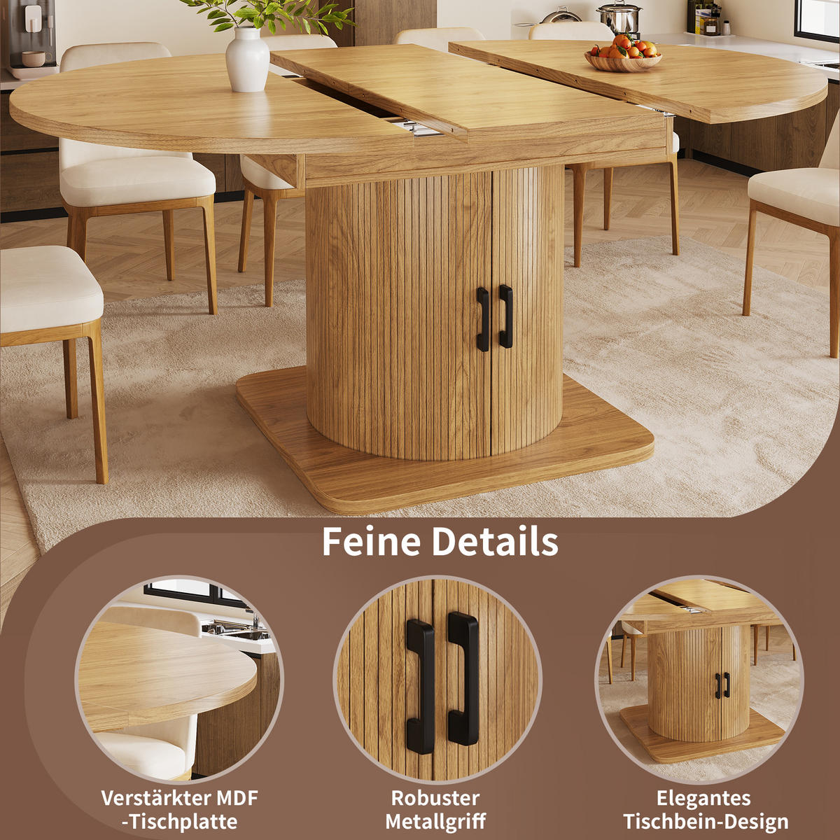 ESSTISCH in Naturbraun Ausziehbarer Küchentisch mit ausnehmbaren Einlegeböden für Esszimmer - Hellbraun/Schwarz, Holzwerkstoff/Metall (158/118/76cm) - STILVORA