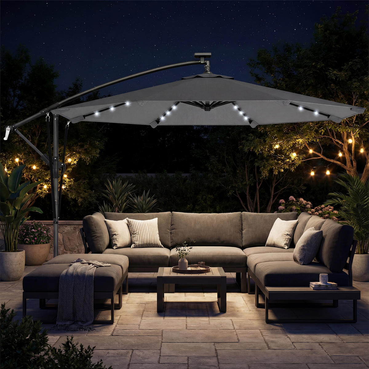 AMPELSCHIRM Ø295 cm DE-11587 mit Solar-LED & UV50+ Grau - Dunkelgrau, Metall (295/330cm) - ComfortXL