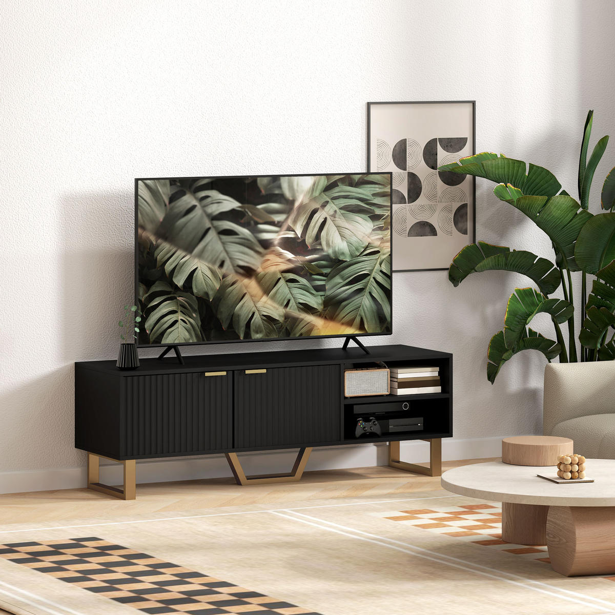 TV-LOWBOARD Holzoptik/Gold 140/39/47 cm, 2 geriffelte Türen, offene Fächer - Schwarz, Holzwerkstoff (140/47/39cm) - PANGIVO