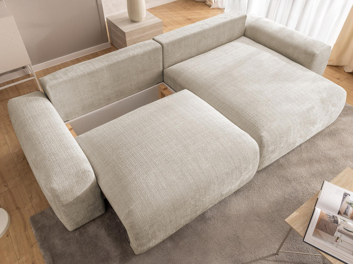 ECKSOFA Puffy mit Schlaffunktion und Bettkasten - besonders weich und puffig aus Beige Chenille-Stoff - Ottomane rechts - Beige/Creme, Holz/Kunststoff (266/138cm) - S-Style Möbel
