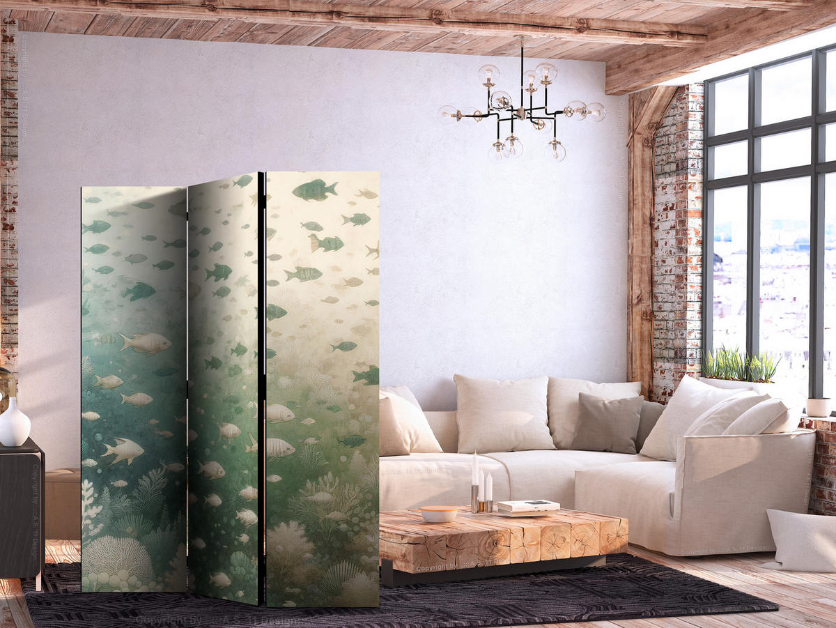 PARAVENT Einseitig Bedruckter 3-tlg 135x172 cm Fischschwarm im Boho Stil - Grün, Holz/Textil (135/172/3cm) - Muralo