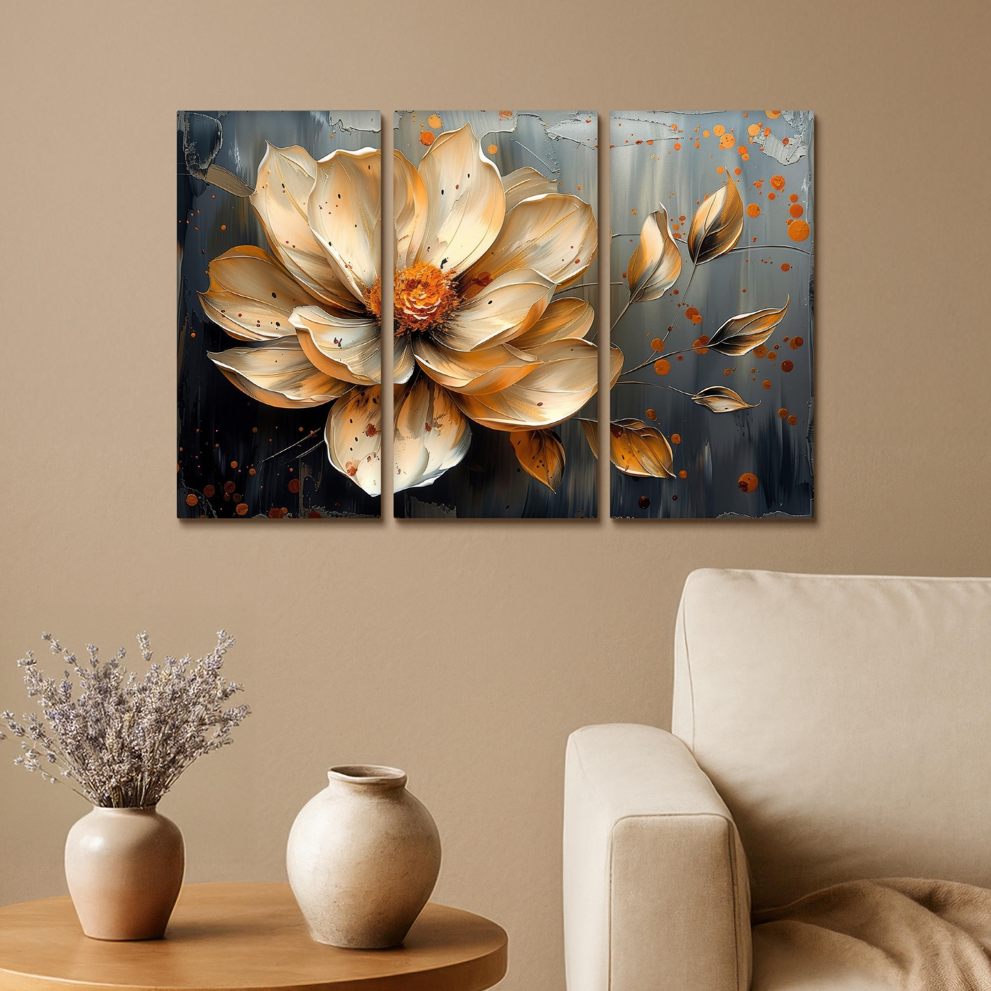 LEINWANDBILD 3er Set Blume - Gold - Abstrakt - Farbe 60x40 cm - Creme, Textil (60/40cm) - MuchoWow