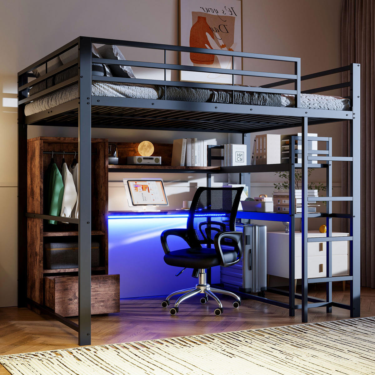 HOCHBETT mit Schreibtisch 140/200 cm in Schwarz – mit Stauraum, LED und Rausfallschutz - Schwarz, Holzwerkstoff (140/200cm) - BEAOK