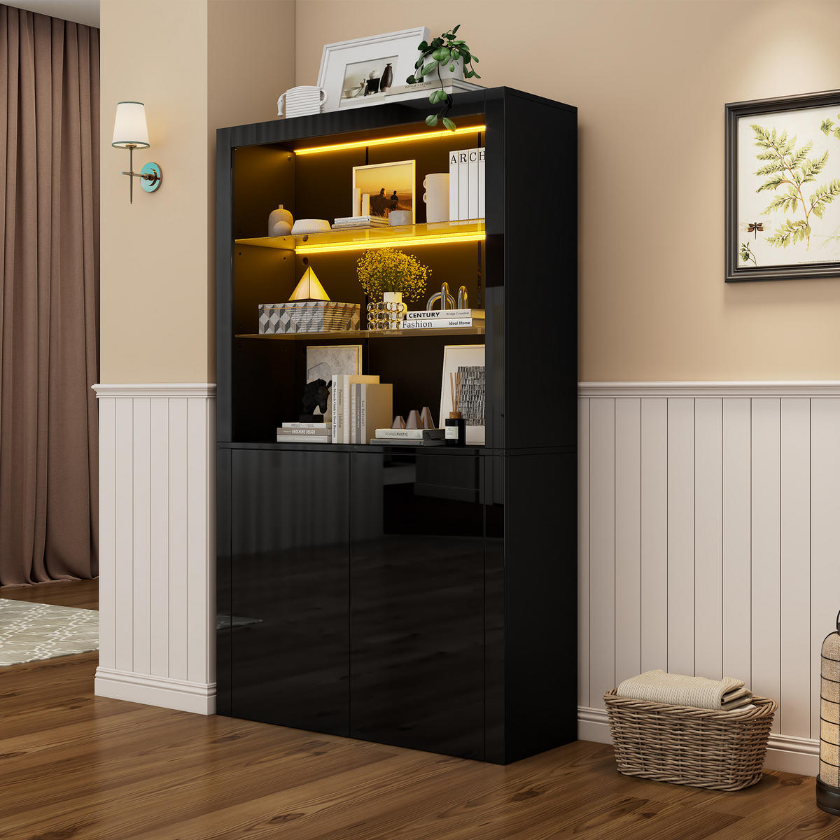 VITRINE Hochglanz LED Glasböden Highboard Schwarz - Schwarz, Glas (100/170/35cm) - FLIEKS
