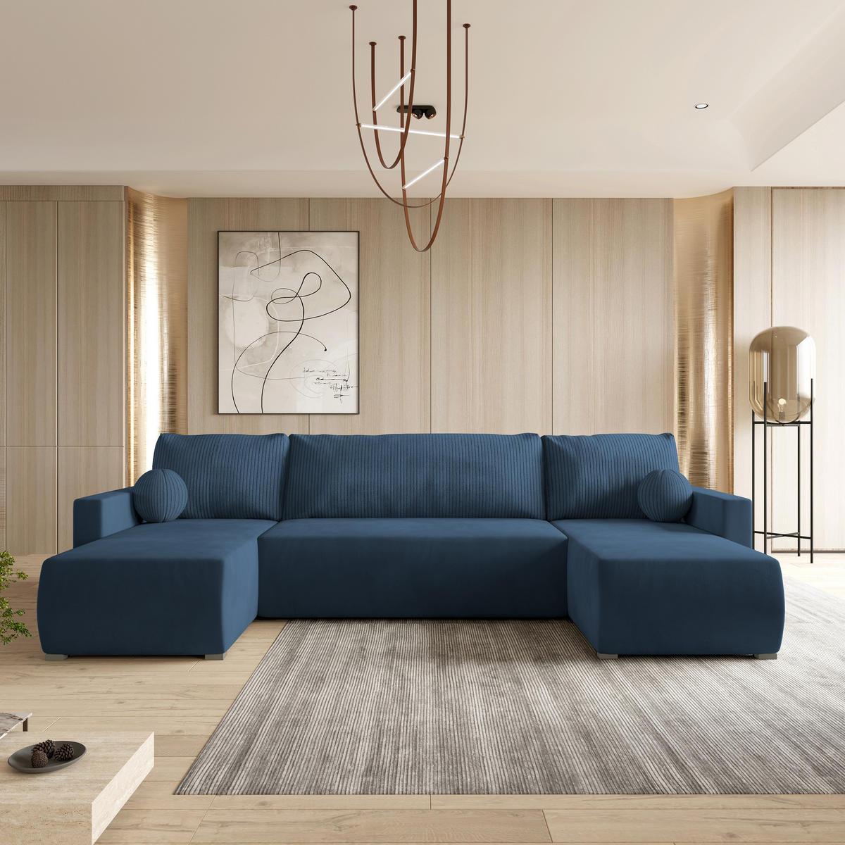 ROHOVÁ SEDAČKA TESSUN modrá - šedá/modrá, dřevo/textil (286/143cm) - MASSENO