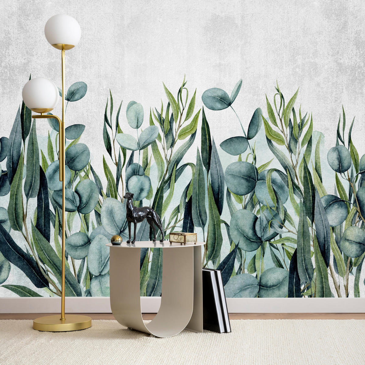 FOTOTAPETE für Schlafzimmer Beton Blätter Aquarell Natur Grün Eukalyptusblätter 500x350 - Grau/Grün, Papier (500/350cm) - Muralo