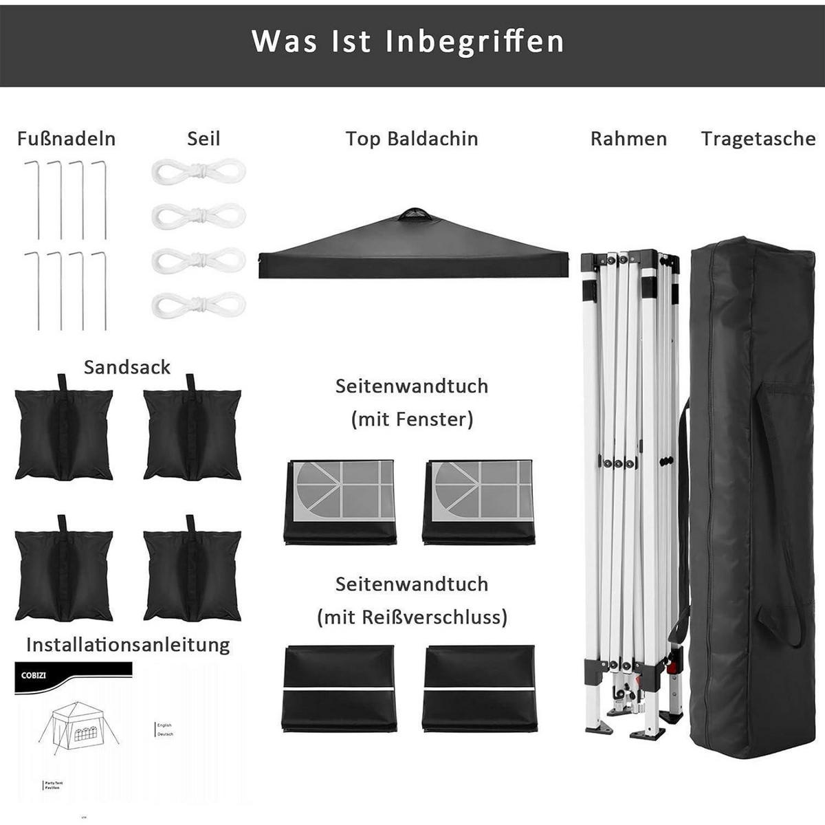 FALTPAVILLON 3 x 3 m Schwarz mit Seitenteilen - Schwarz, Textil (304.8/609.6/304.8cm)