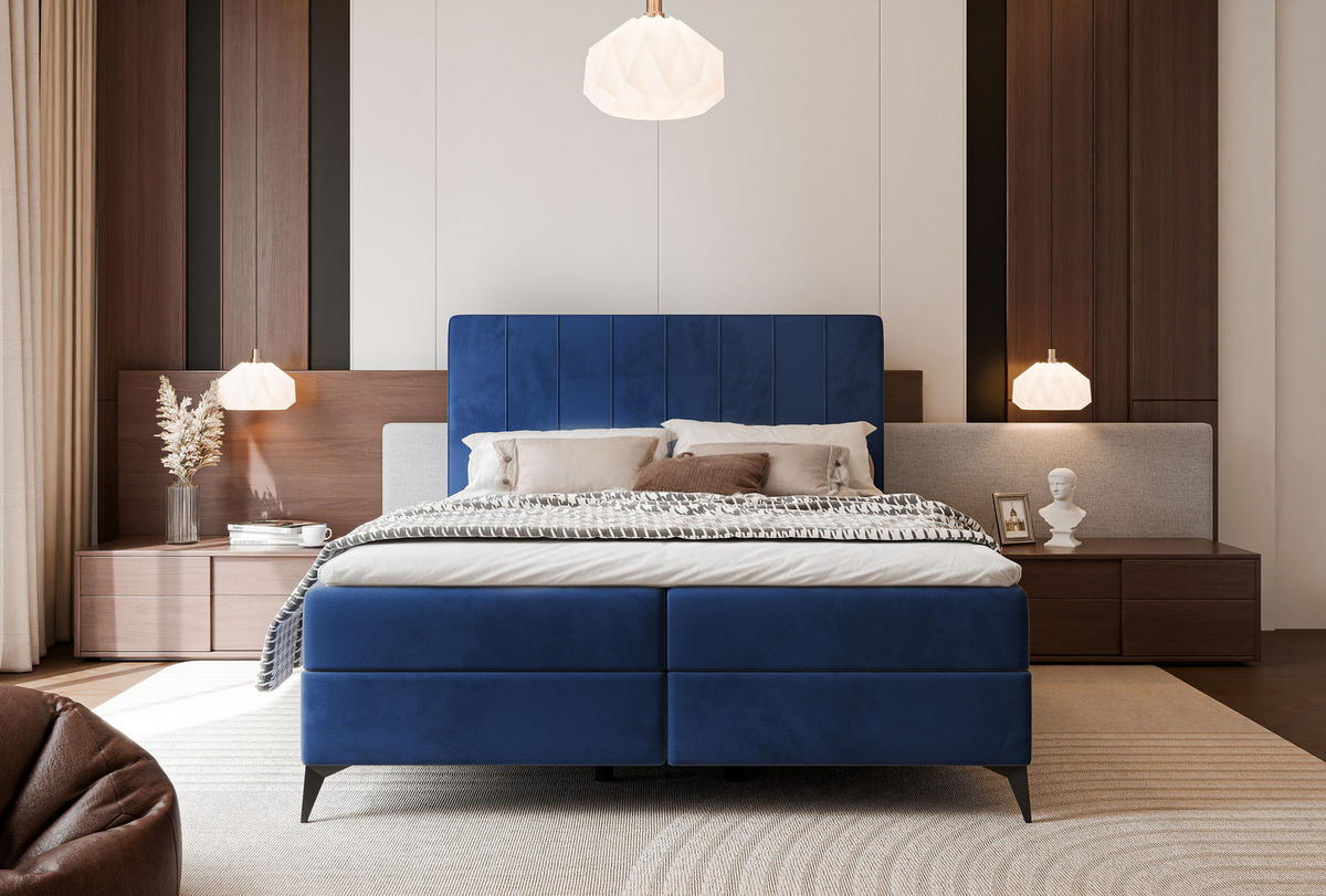 BOXBETT VERA 120x200 cm mit Matratze und Topper, Dichter wasserabweisender Samt Marineblau - Dunkelblau, Textil (120/200cm) - Idohome