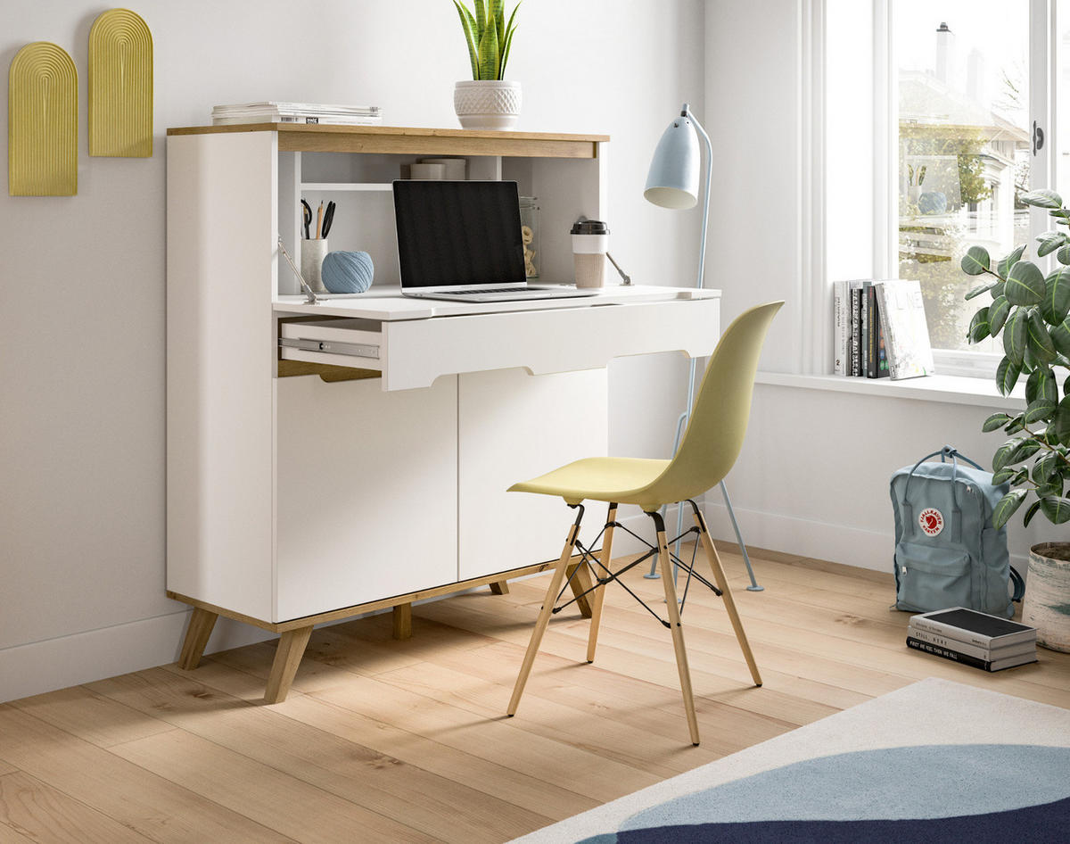 SEKRETÄR weiß, Eiche 100 cm skandinavisch, Schreibtisch mit Soft-Close - Eichefarben/Weiß, Holzwerkstoff/Metall (110/40/118cm) - Inn.Furn