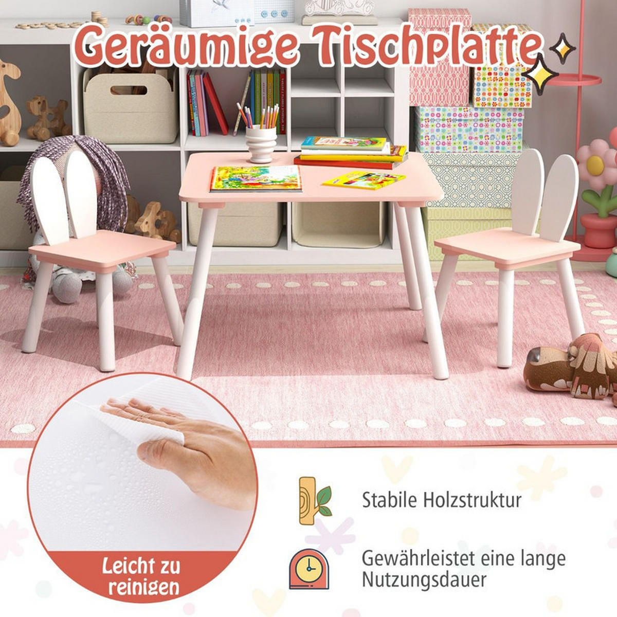 KINDERTISCH mit 2 Stühlen rosa(3-tlg) - Pink, Holzwerkstoff (62/43/62cm) - COSTWAY