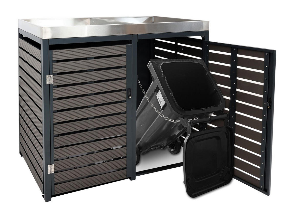 MÜLLTONNENBOX 2er mit Pflanzkasten HxBxT 124x134x84cm Walnuss-Holzoptik - Braun, Metall (134/124/84cm) - PROREGAL