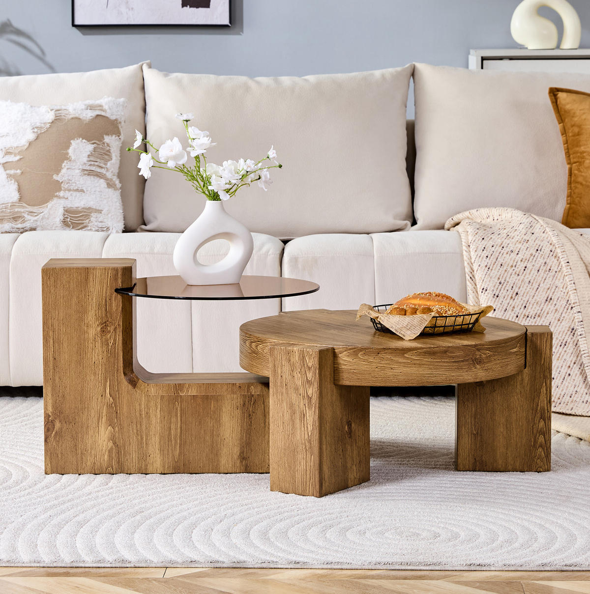 COUCHTISCH 78/75/34 cm rund aus MDF in Holzoptik mit braun getöntem Sicherheitsglas - Naturfarben, Holzwerkstoff (61/61/30cm) - OKMYHOME