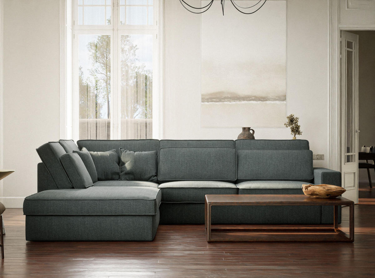 ECKSOFA Kirou Blau Webstoff - Links Seite - Blau/Schwarz, Holz/Holzwerkstoff (225/311cm) - Maison de Reve