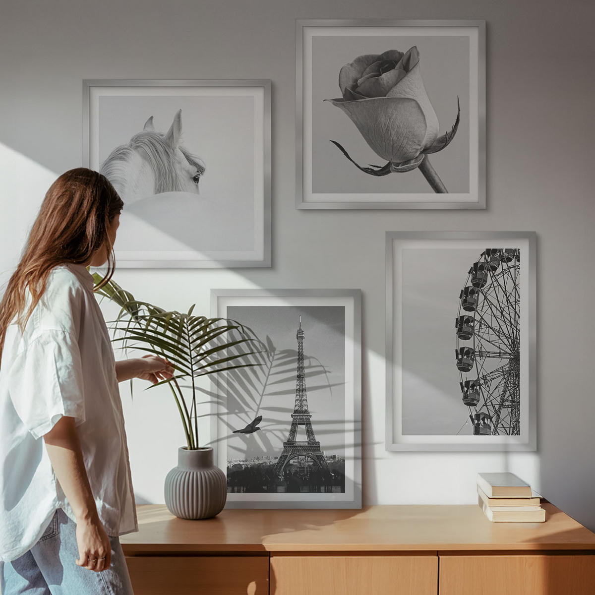 BILDER SET 4er Set - 50x50 cm & 40x60 cm Silberner Rahmen - Rose Eiffelturm Pferd Riesenrad S/W - Silberfarben, Kunststoff (50/50cm) - TULUP